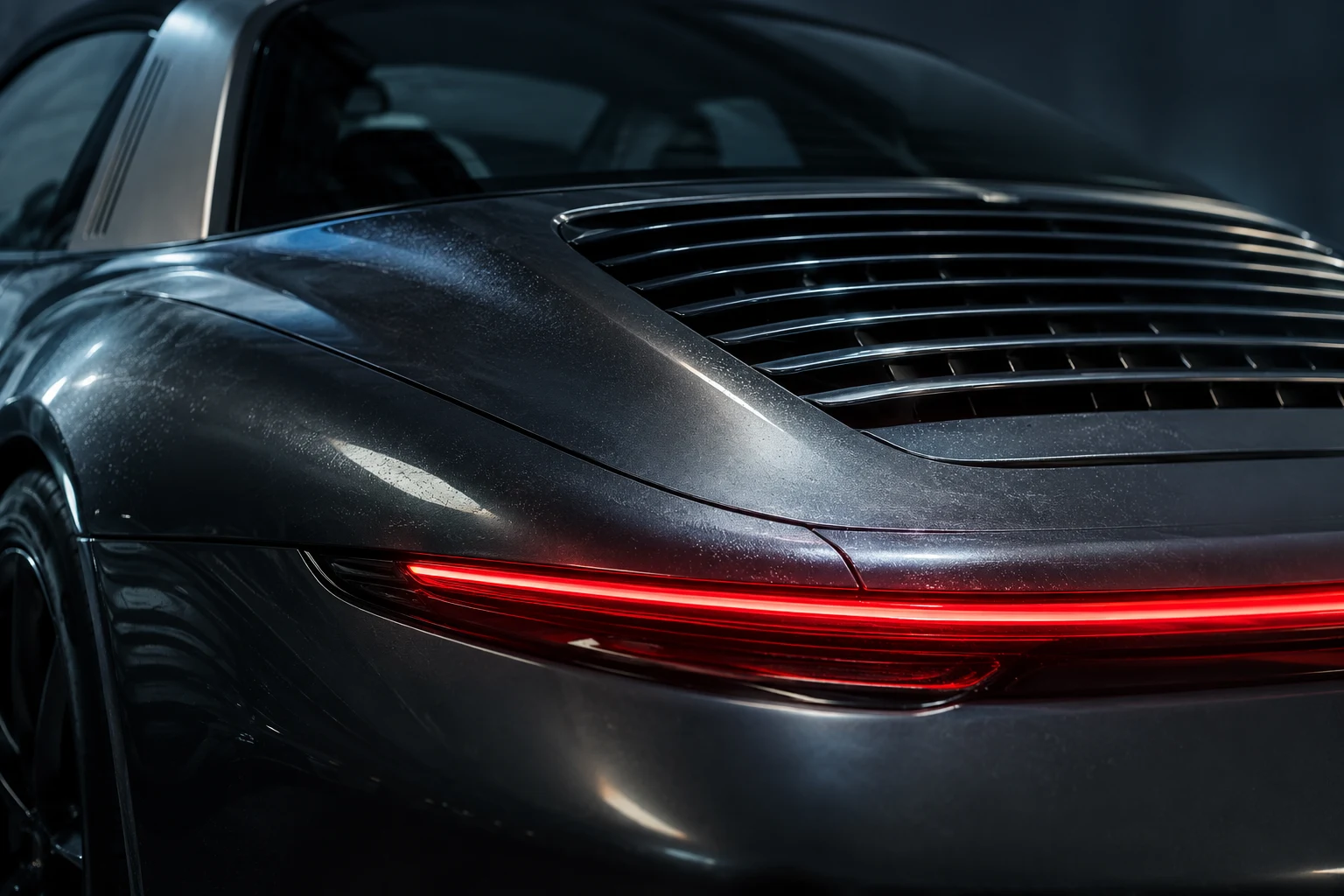 Sculptural graphite bodywork, fine textures and an illuminated rear light