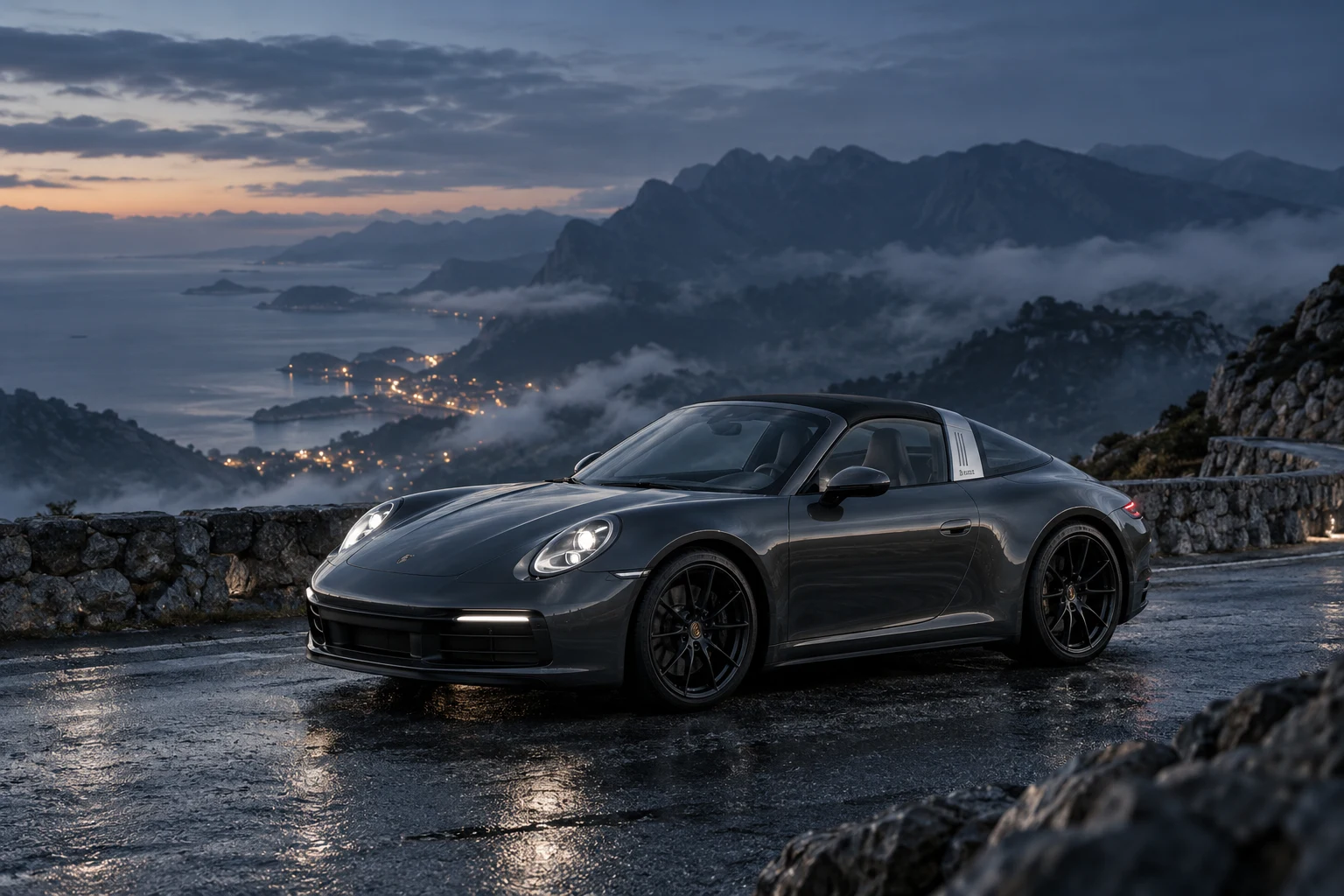 A sports car presented in cinematic light